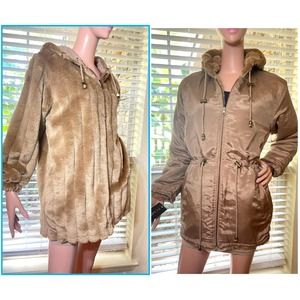 Komitor Reversible Fur Silk Jacket Sz Medium Beige Mink Hooded Faux Fur NEW
